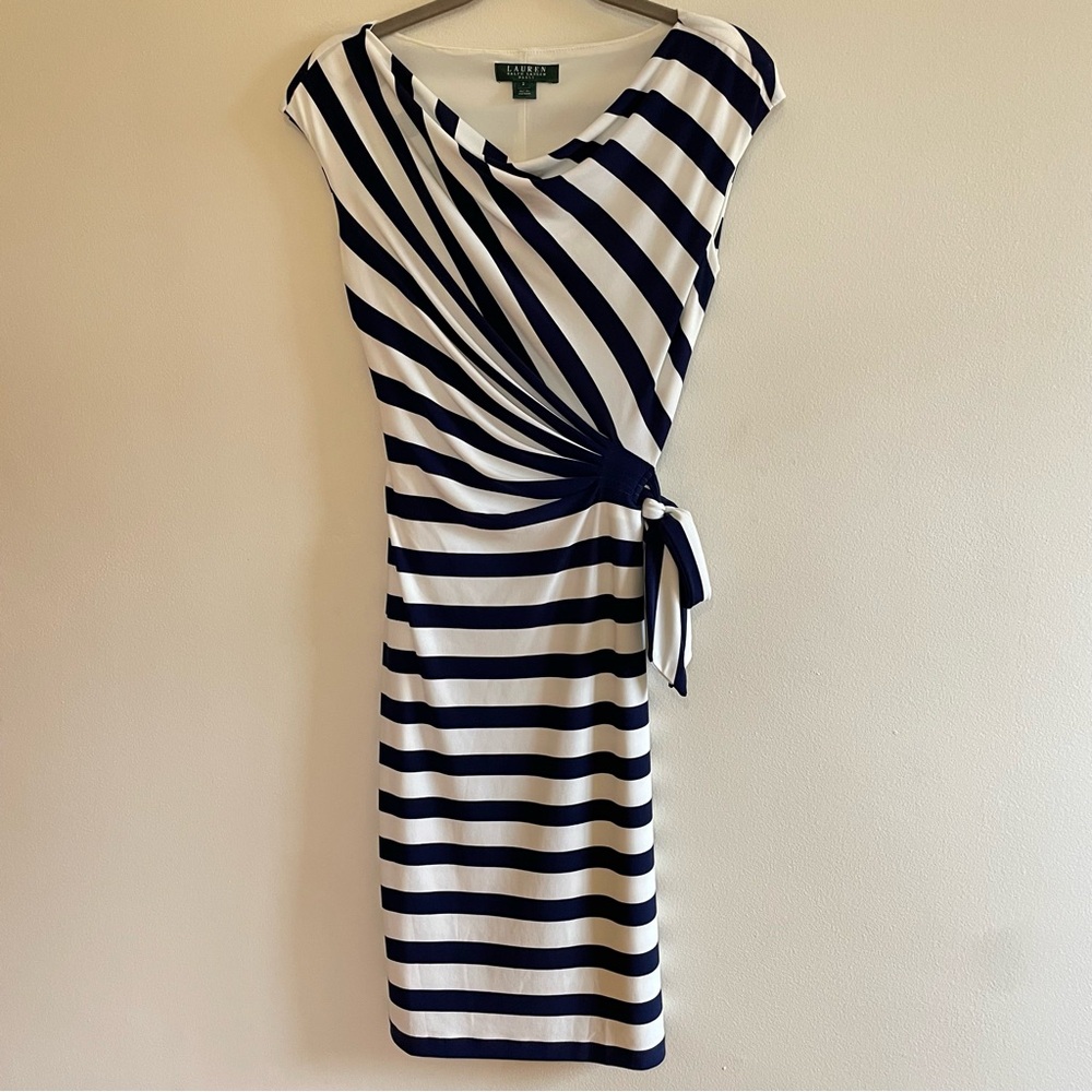Lauren Ralph Lauren Navy & White Striped Dress size 2. Faux tie style, cowl neck